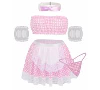 Adigau Costume de Soubrette Sexy en Dentelle Lingerie Cosplay Ménage Carreaux Uniforme Femme de Chambre Babydoll Tenue Maid Halloween Rose XXL