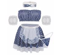 Adigau Ensembles de Lingerie Femme à Carreaux Costume Femme de Ménage Sexy Vêtements de Nuit avec G String pour Halloween Cosplay Bleu Marine XXL