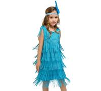 Adigau Fille Robe de Danse Latine Franges Robe Vinatage sans Manches Salsa Samba Rumba Tango avec Bandeau Cheveau Plumes pour Spectacle Performance A4 4-6 Ans