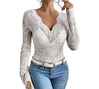 Adigau Haut en Dentelle élégante pour Femmes Blouse Sexy décolletée en V Chemisier Slim fit à Manches Longues Top Transparent à Motif Floral Tenue de Fête Blanc M