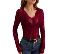 Adigau Haut en Dentelle élégante pour Femmes Chemisier Sexy décolletée en V Blouse Slim fit à Manches Longues Top Transparent à Motif Floral Tenue de Fête Bordeaux XXL