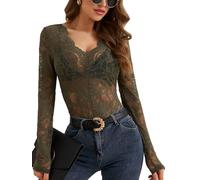 Adigau Haut en Dentelle élégante pour Femmes Top Sexy décolletée en V à Manches Longues Blouse Transparent à Motif Floral Chemisier Slim fit Tenue de Fête Vert Olive XXL