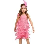 Adigau Robe Charleston Fille Année 20 avec Bandeau Cheveau Plumes Enfant Robe de Danse sans Manches Salsa Samba Rumba Cha Cha Dancewear Spectacle Performance A6 10-12 Ans