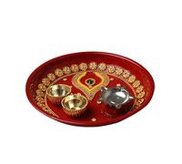Aditri Creation Handcrafted Thali Plate Platter Engagement Small Pooja Plate Decorative Steel Puja Thali with Essential Pooja Articles,for Aarti Pooja Rituals Festival Wedding Decorations (Size- 5")