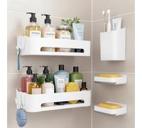 Adiwo Lot de 5 Étagère Douche Sans Percage, Étagères de Rangement Panier Murale de Salle de Bain, Serviteur Douche avec 2 Porte Savon, Support Douches pour Salle de Bain avec 4 Crochets