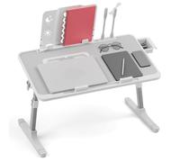 Adjustable Laptop Lap Desk with Light Fan, Folding Bed Tray Table for Bed, 5 Height Levels, Storage Drawer, Wide Non-Slip Surface, Portable Workstation Gris