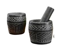 Adjustable Mortier et pilon en pierre faits main - Broyeur à ail, herbes et piments for la maison (motif sculpté)(Large)