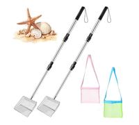 Adjustable Sand Sifting Tool, Extendable Beach Scooper, Compact Filter Scoop with Seashell Bags for Collectors for Kids Teens Adults Parents Seniors Camping Fishing Park Travel Vacations Events