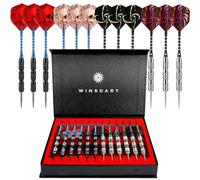 ADKX Lot de 12 fléchettes à Pointe en Acier avec Corps en Fer antidérapant, tiges et ailettes en Aluminium + aiguiseur de fléchettes + Un Coffret Cadeau (Forme A)