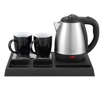 Adler - Bouilloire en acier inoxydable - 1,2 l - Avec plateau et 2 tasses - Station à thé et bar à café compacte pour hôtel, bureau, chambre d'amis et bureau à domicile - Plateau de bienvenue pour