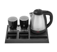 Adler - Bouilloire en acier inoxydable - 1,2 l - Avec plateau et 2 tasses - Station à thé et bar à café compacte pour hôtel, bureau, chambre d'amis et bureau à domicile - Plateau de bienvenue pour