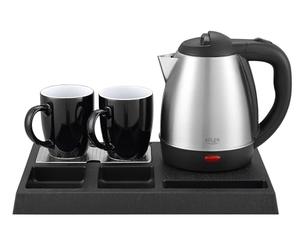Adler - Bouilloire en acier inoxydable - 1,2 l - Avec plateau et 2 tasses - Station à thé et bar à café compacte pour hôtel, bureau, chambre d'amis et bureau à domicile - Plateau de bienvenue pour