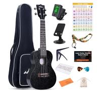 ADM Kit de ukulélé concert pour débutant en acajou avec ukulélé hawaïen avec leçons de démarrage gratuites pour débutants, étudiants et adultes, jaune marron (noir, 58,4 cm)