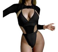 ADMAY 2023 Monopièces et Barboteuses Jumpsuit Femmes Casual 2 Pièces Femmes Rave Outfit Néon Body Crop Top Manches Longues Tricot avec Boucle pour Festival Club Party Sexy Lingerie Rouge, Noir , S