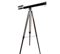 Admiral's Legacy Télescope à double baril en cuivre antique et cuir de 81,3 cm - Grossissement x10 avec lentille de 44 mm sur trépied en bois fabriqué à la main avec raccords en laiton