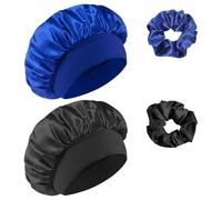 Admygo Bonnet Satin Cheveux Nuit avec Elastiques et Cartes à Cheveux, Bonnets Satin Bonnet Nuit Sommeil, Protection Cheveux, Noir + Bleu Royal