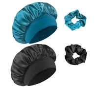 Admygo Bonnet Satin Cheveux Nuit avec Elastiques et Cartes à Cheveux, Bonnets Satin Bonnet Nuit Sommeil, Protection Cheveux, Noir + Bleu de Paon