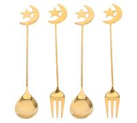 ADOCARN Ensemble 4 Pièces Cuillères et Fourchettes Étoiles et Lunes en Acier Inoxydable Doré, Design Créatif pour Café, Dessert et Décoration de Table la Maison