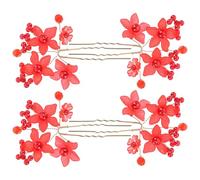 ADOCARN Lot de 4 Fourchettes à Cheveux Fleuries Rouges Perles Finition Mate Accessoires Décoratifs pour Chignon de Mariage Épingles à Cheveux pour Femmes et Filles Décoration