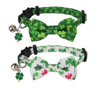 ADOGGYGO Collier Sanit Patrick pour chat avec clochette à nœud papillon amovible Motif trèfle vert