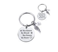 Adokiss Porte-Clés Acier Inoxydable, Aile Rond Charms Plaque Militaire Gravure Not Sisters by Blood But Sisters by Heart Porte-Clefs, Cadeau Accessoire pour la Noël Anniversaire, Argent