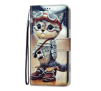 Adolasx Coque Compatible pour Motorola Moto E14 / G24 / G04 avec Cordon Clapet a Rabat Cuir Motif Drôle Animal Magnetique Antichoc Étui PU Case Cover Portefeuille - Chat B