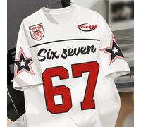 adolecent Boy New décontracté Minimalist Y2K Style English lettre & Number 67, Star Print, Sports Vintage American Style, blocs de couleursing, Comfortable Short Sleeve Crew Neck T-Shirt, Suitable For