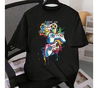 adolecent Boys New SS26 Mode Décontractée Confortable Polyvalente Créative Graffiti Éclaboussure Colorée Encre Console de jeu "Allez-y" Lettre Graphique Imprimer Basique Noir Manches Courtes T-Shirt T