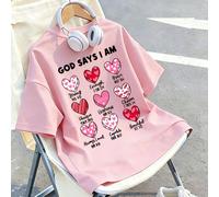 adolecent Girl "God Says I Am Enough..." Slogan inspirant Impression de grille de cœur 3D Imprimé de dessin animé T-shirt, convient pour le décontracté, la rue, les voyages et les vacances, Top d'été 