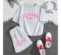 Adolescentes, 2 pièces/Set, T-shirt col rond à manches courtes gris en maille ample avec slogans anglais américains imprimés et shorts imprimés, convient pour l'été, le sport de rue 14Y,13Y,16Y,15YLet