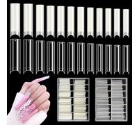 Adonafy Faux Ongles: 480 Pièces Supplémentaire Longue Capsules Ongles - Demi-couvercle U Curve Capsules Americaine Ongles - Transparent 12 Tailles Capsule Ongle pour Salons de Manucure