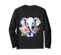 Adorable Aquarelle bébé éléphant Art Floral Manche Longue