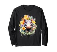 Adorable bébé Hippopotame Aquarelle Floral Splash Art Manche Longue