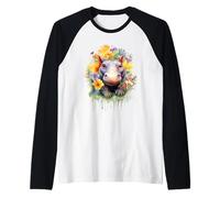 Adorable bébé Hippopotame Aquarelle Floral Splash Art Manche Raglan