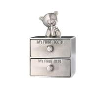 Adorable boîte à souvenirs de bébé - Porte-souvenirs de première dent et boucles avec ours en peluche - 2 tiroirs vintage en alliage de zinc argenté cadeau pour nouveau-né garçon et fille
