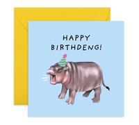Adorable carte d'anniversaire Moo Deng Hippopotame - « Happy Birthday Deng » - Cadeaux pour lui, elle, collègue, sœur, frère, amis, nièce, neveu - Bébé hippopotame - Livré avec des autocollants
