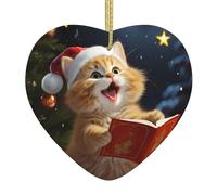 Adorable chat chantant des chants de Noël en céramique en forme de cœur, décoration à suspendre en céramique double face avec ficelle dorée, ornement d'arbre de vacances