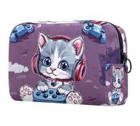 Adorable chat écoutant de la musique avec écouteurs, trousse de maquillage, petite pochette de voyage à fermeture éclair, trousse de toilette portable, organisateur de maquillage pour femmes et filles