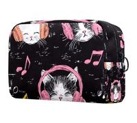 Adorable chat écoutant de la musique avec écouteurs, trousse de maquillage, petite pochette de voyage à fermeture éclair, trousse de toilette portable, organisateur de maquillage pour femmes et filles
