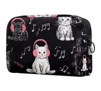 Adorable chat écoutant de la musique avec écouteurs, trousse de maquillage, petite pochette de voyage à fermeture éclair, trousse de toilette portable, organisateur de maquillage pour femmes et filles
