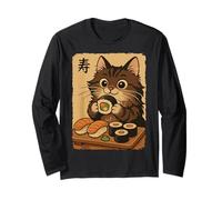Adorable Chat Japonais Mangeant des sushis Manche Longue