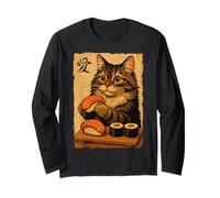 Adorable Chat Japonais Mangeant des sushis Manche Longue