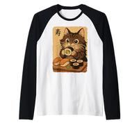 Adorable Chat Japonais Mangeant des sushis Manche Raglan