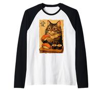 Adorable Chat Japonais Mangeant des sushis Manche Raglan