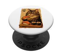 Adorable Chat Japonais Mangeant des sushis PopSockets PopGrip Adhésif