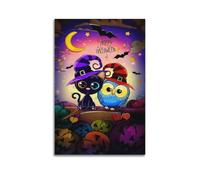 Adorable chat noir et hibou avec chapeaux de sorcière - Peintures décoratives d'Halloween - Décoration fantaisiste - Poster artistique pour chambre d'enfant - Décoration murale moderne à suspendre