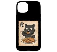 Adorable Chat Noir Kawaii Mangeant du katsu Japonais Coque pour iPhone 15 Plus