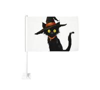 Adorable chat noir portant un chapeau de sorcière, drapeau de voiture, clip de fenêtre extérieure, 30 x 45 cm, décoration de voiture double face