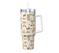 Adorable chien corgi sur un rayé,Gobelet isotherme Ice Bully de 40 oz avec poignée, couvercle et paille, en acier inoxydable, pour voiture ou café.