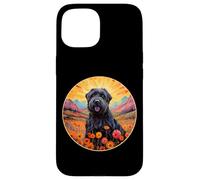 Adorable Chien Terrier Russe Noir Fleur Montagne Coucher de Soleil Chiot Coque pour iPhone 15